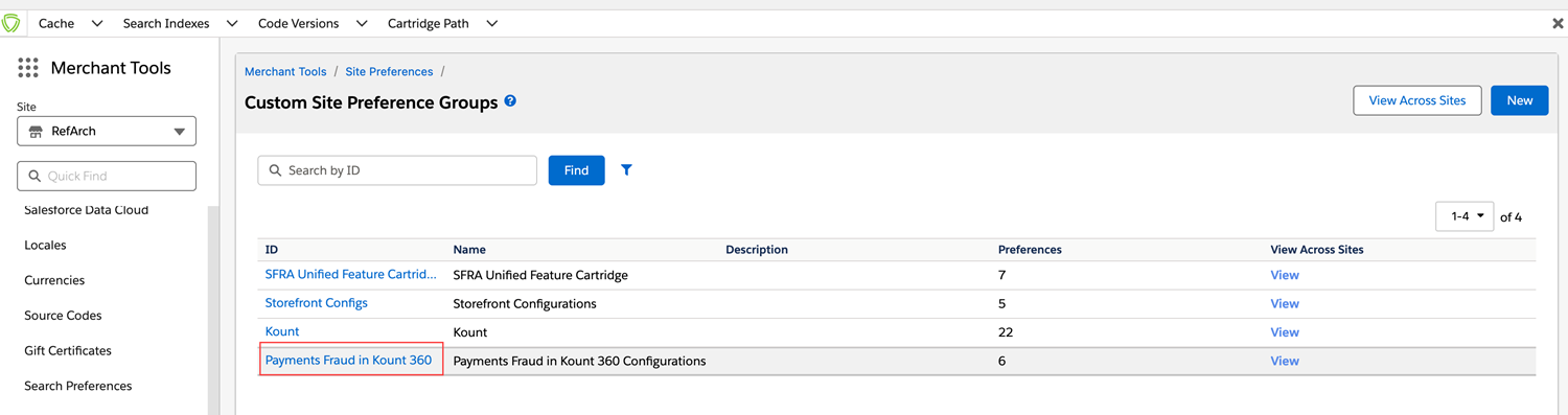 Screenshot that shows the SFCC Custom Site Preferences Group Page with a red box on the Payments Fraud in Kount 360 group.