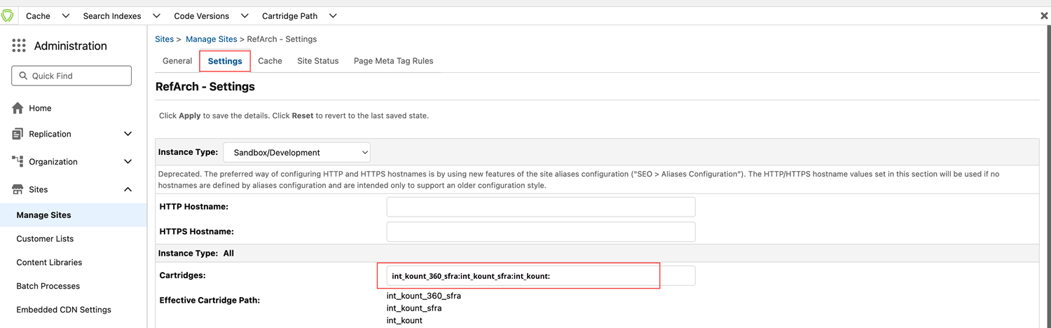 Screenshot that shows the Settings tab for Manage Sites in the Salesforce Business Manager.