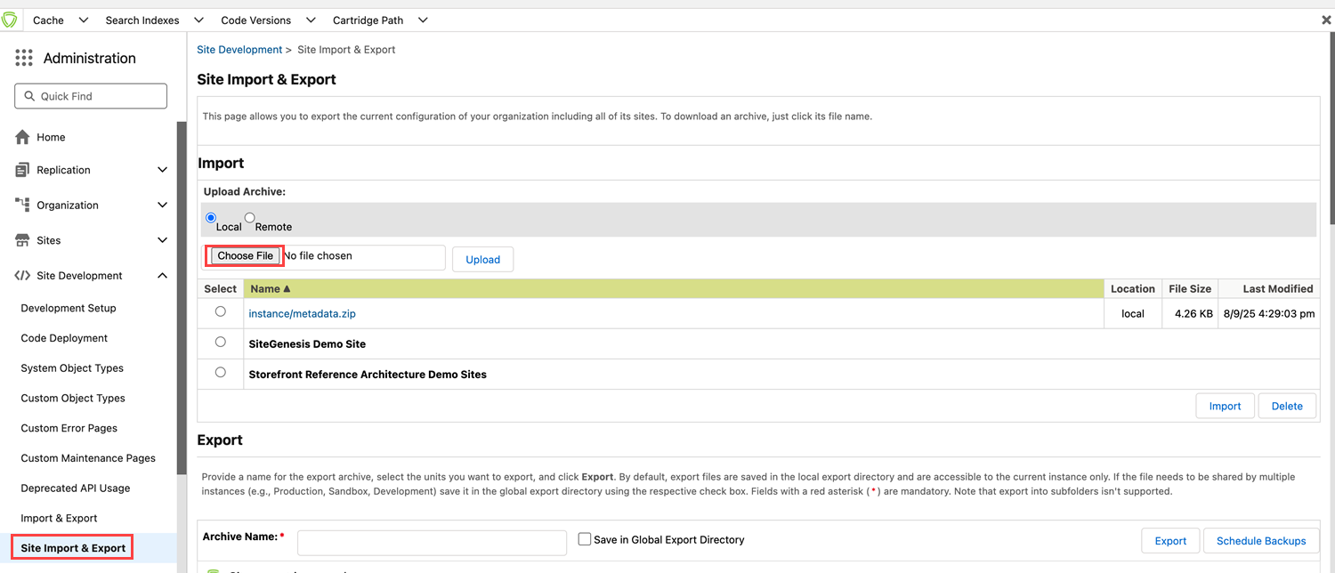 Screenshot that shows the SFCC Site Import and Export page.